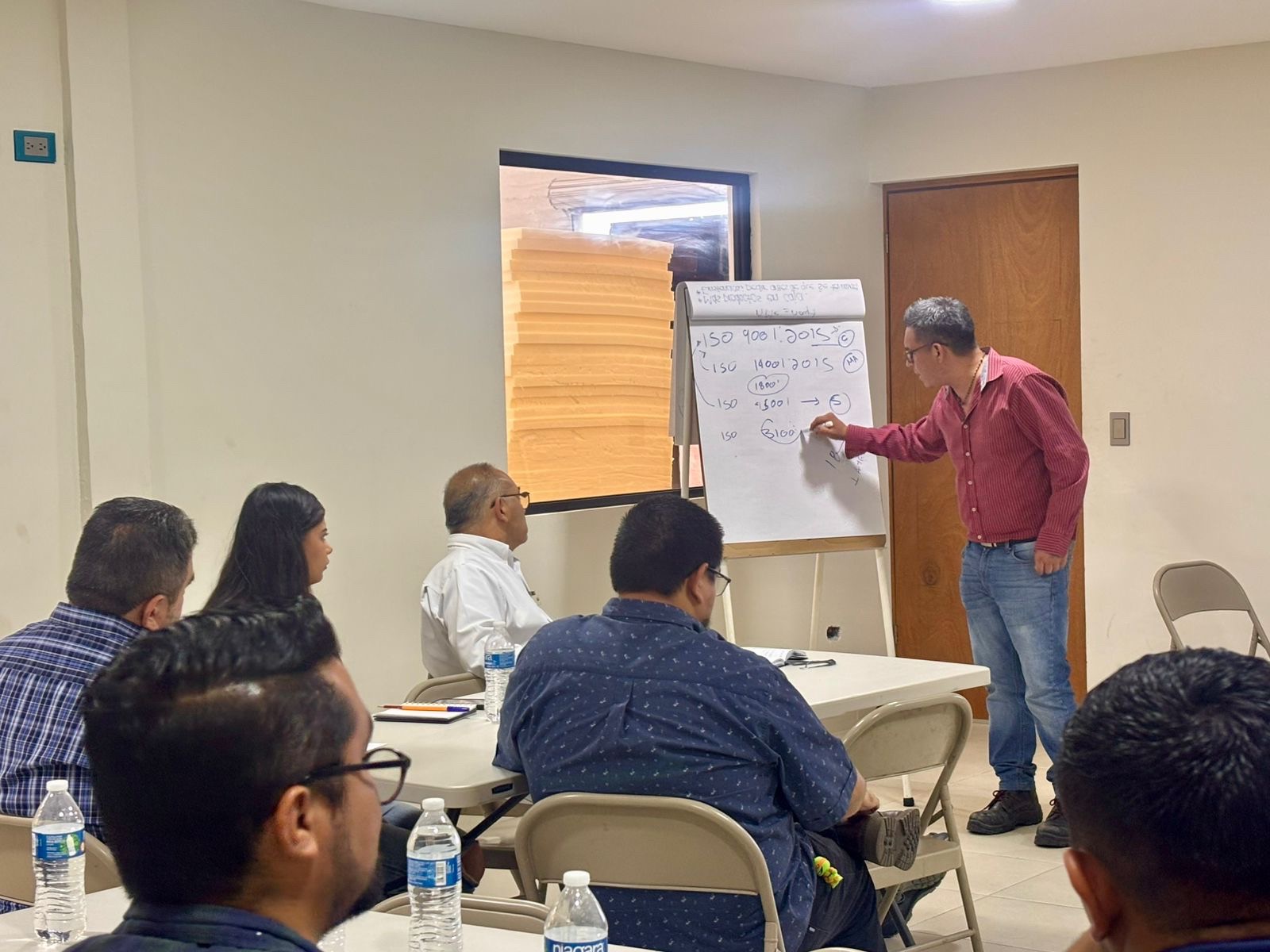 Instructor explicando norma en rotafolio